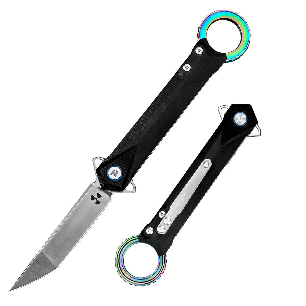 DreamTech D3312GB front view – 3.35" satin D2 clip point ring folding knife, black G10 handle, rainbow ring, liner lock