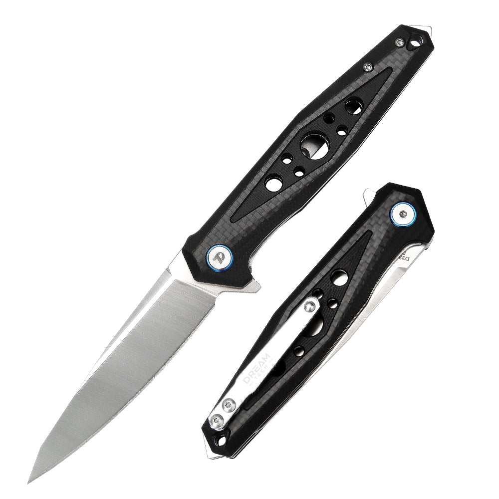 DreamTech D3347C front view – 3.62″ D2 folding knife with carbon fiber and G10 handle, liner lock
