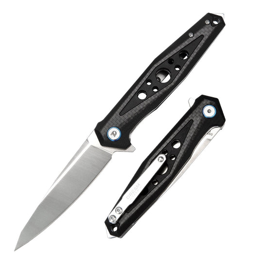 DreamTech D3347C front view – 3.62″ D2 folding knife with carbon fiber and G10 handle, liner lock
