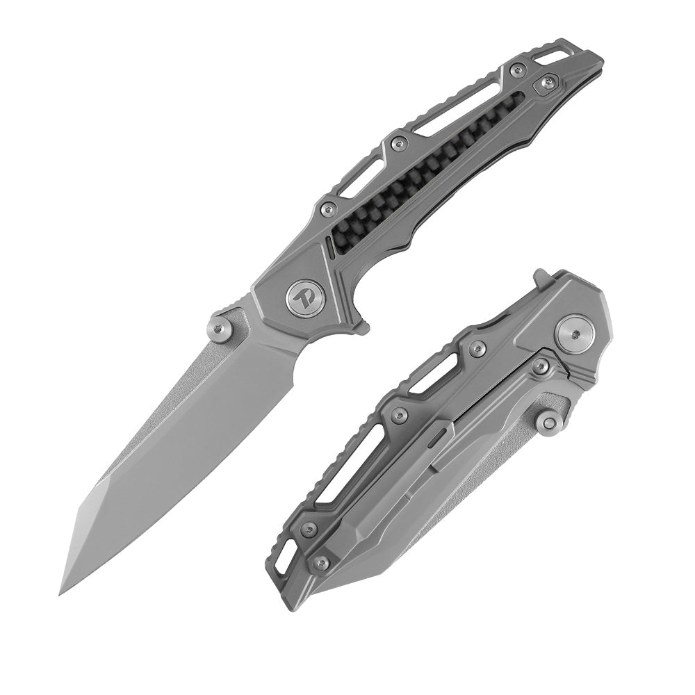 DreamTech D3385Z front view – 3.98" satin M390 reverse tanto folding knife, titanium and zirconium handle, liner lock