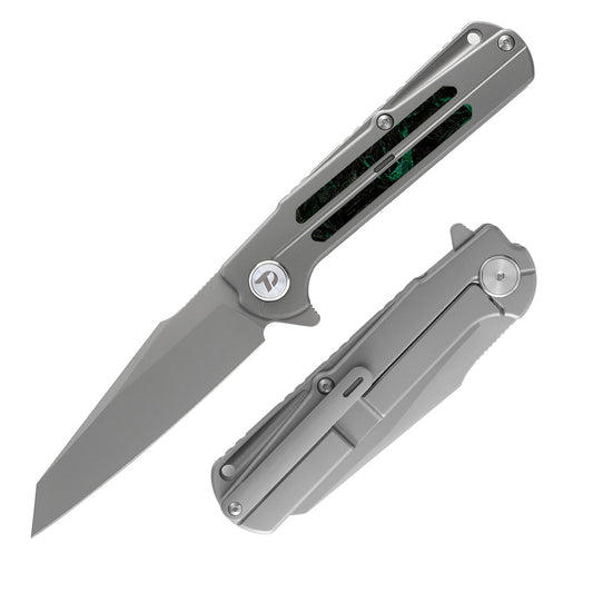 DreamTech D3403GR front view – 3.54″ M390 folding knife with titanium and green fluorescence carbon fiber handle