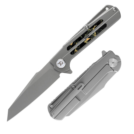 DreamTech D3403Y front view – 3.54″ M390 folding knife with titanium and yellow fluorescence carbon fiber handle
