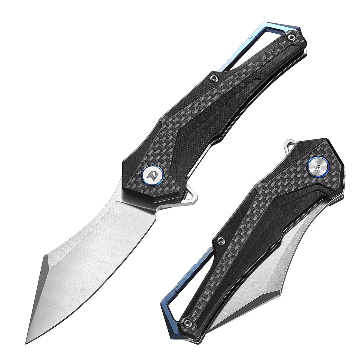 DreamTech D3412C front view, 2.95-inch D2 folding knife with carbon fiber and G10 handle