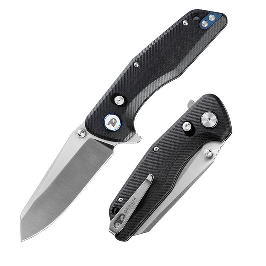 DreamTech D3442GB front view – 3.27″ D2 folding knife with black G10 handle and axis lock