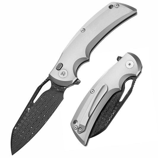 DreamTech D3503D front view – 3.54″ Damascus blade titanium folding knife