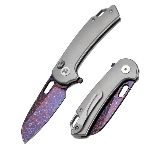 DreamTech D3599DG front view – 3.98" mosaic damascus reverse tanto folding knife, titanium handle, button lock