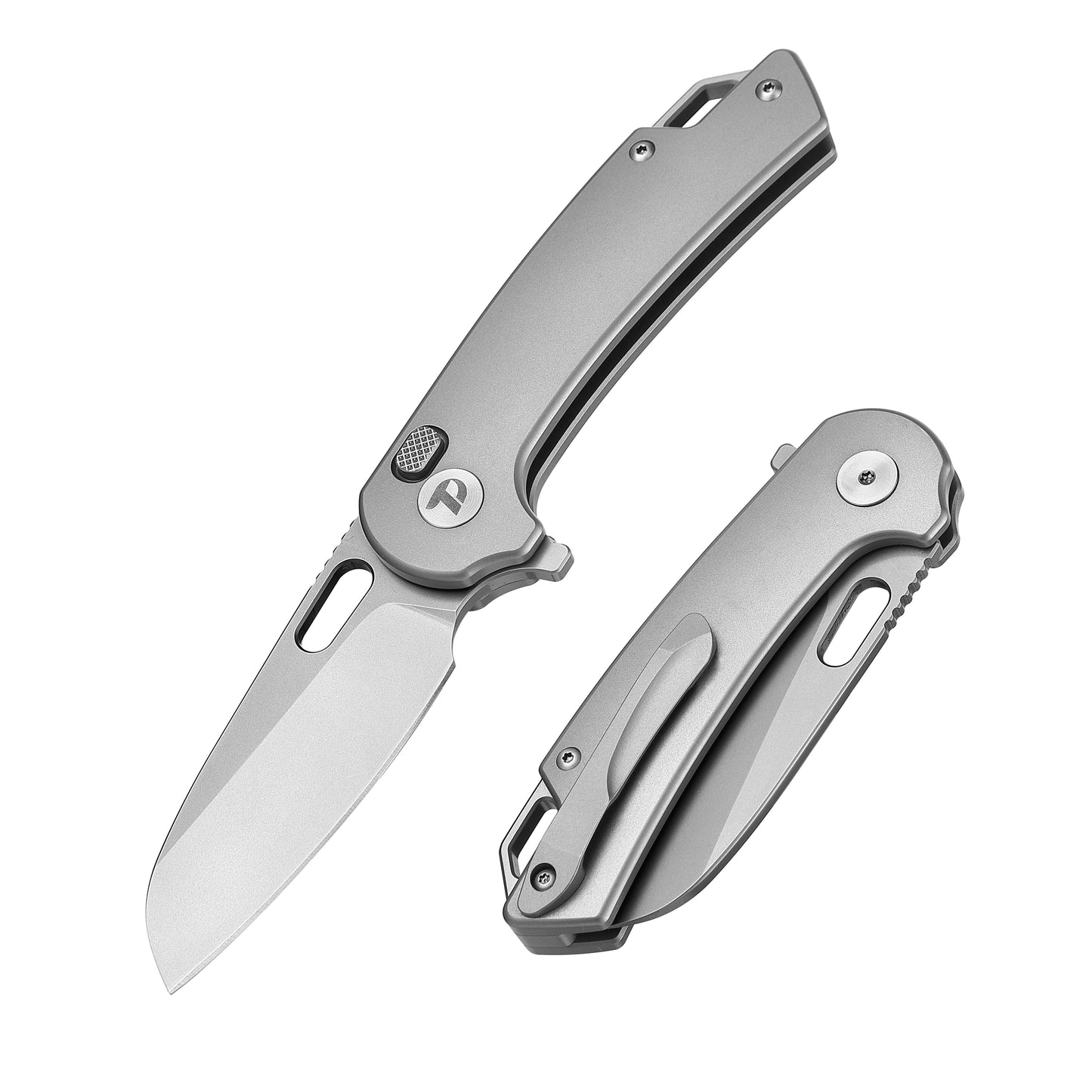 DreamTech D3599G front view – 3.98" satin M390 reverse tanto folding knife, gray titanium handle, button lock