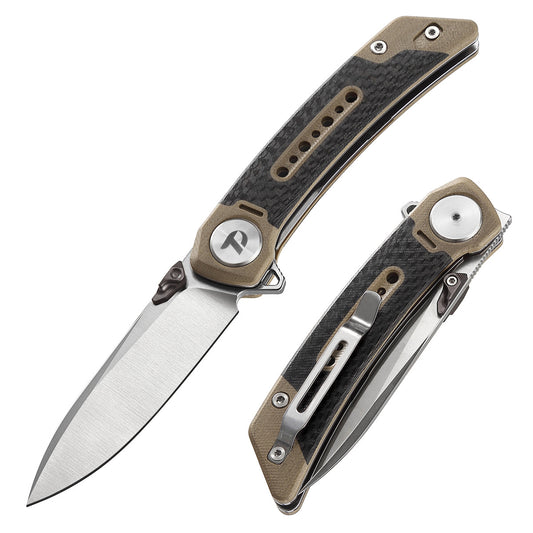 DreamTech D3610CGD front view – 3.07″ 14C28N folding knife with desert carbon fiber and G10 handle and liner lock