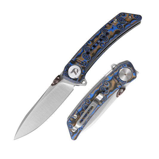 DreamTech D3610MBL front view – 3.07″ 14C28N folding knife with blue Micarta handle and liner lock
