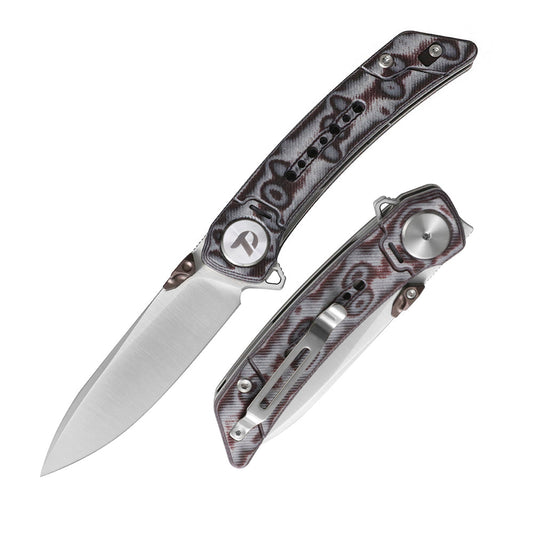 DreamTech D3610MG front view – 3.07″ 14C28N folding knife with gray Micarta handle and liner lock