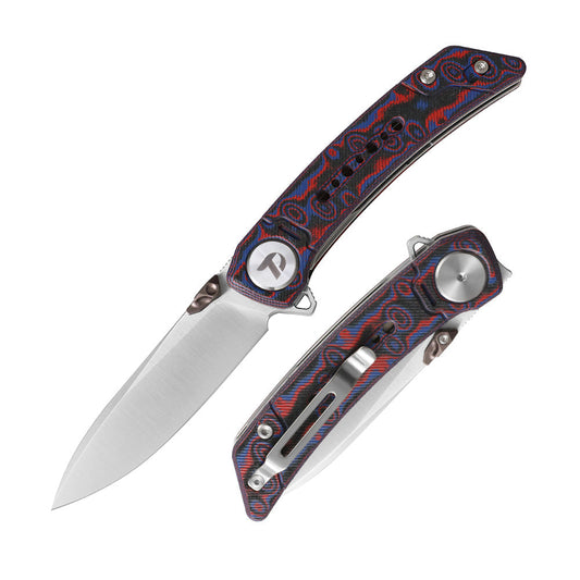 DreamTech D3610MR front view – 3.07″ 14C28N folding knife with red Micarta handle and liner lock