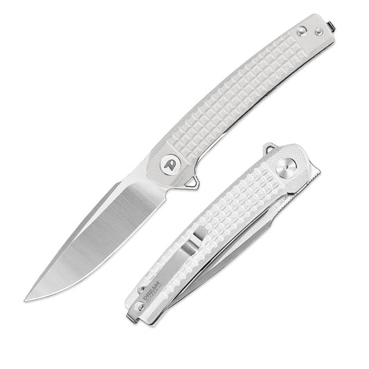 DreamTech D3613GW front view – 3.15″ D2 folding knife with white G10 handle and liner lock