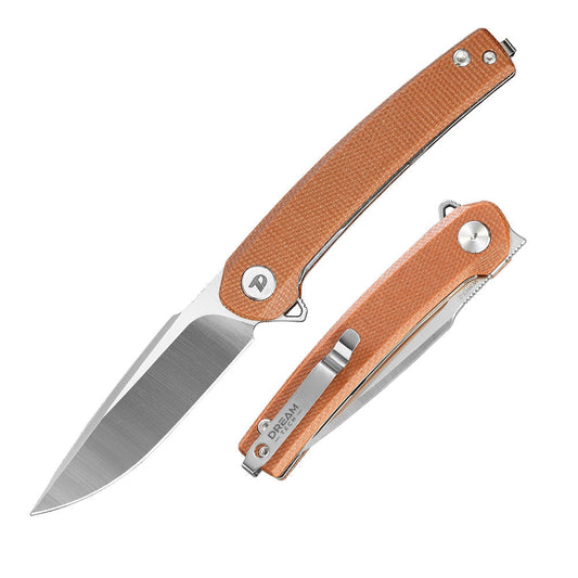 DreamTech D3613MO front view – 3.15″ D2 folding knife with Micarta handle and liner lock