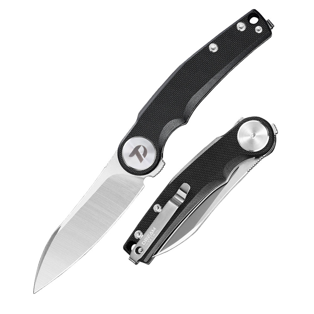 DreamTech D3618GB front view – 3.19″ satin D2 drop point folding knife with black G10 handle and liner lock