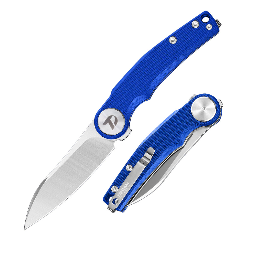 DreamTech D3618GBL front view – 3.19" satin D2 drop point folding knife, blue G10 handle, liner lock
