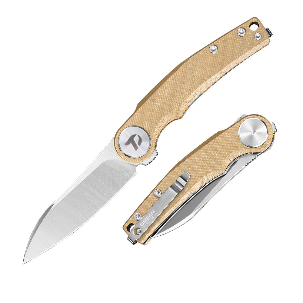 DreamTech D3618GD front view – 3.19" satin D2 drop point folding knife, tan G10 handle, liner lock