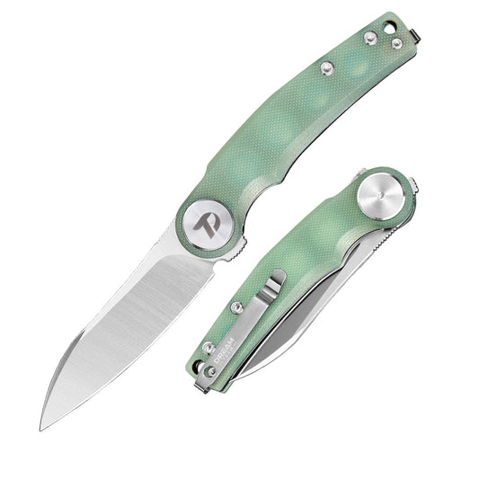 DreamTech D3618GJ front view – 3.19″ satin D2 drop point folding knife with jade green G10 handle and liner lock