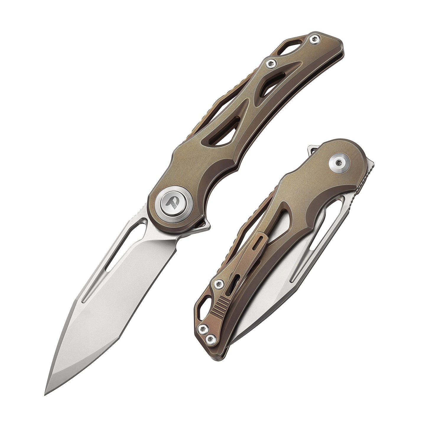 DreamTech D3665BR front view – 4.8" satin M390 reverse tanto folding knife, bronze titanium handle, button lock