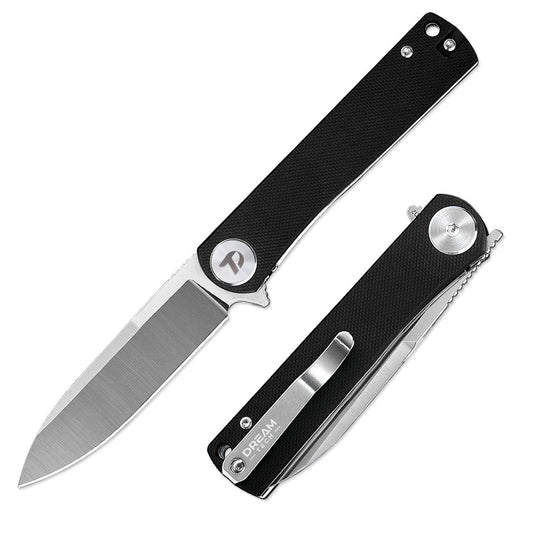 DreamTech D3896GB front view – 3.27″ satin D2 drop point folding knife with black G10 handle and liner lock