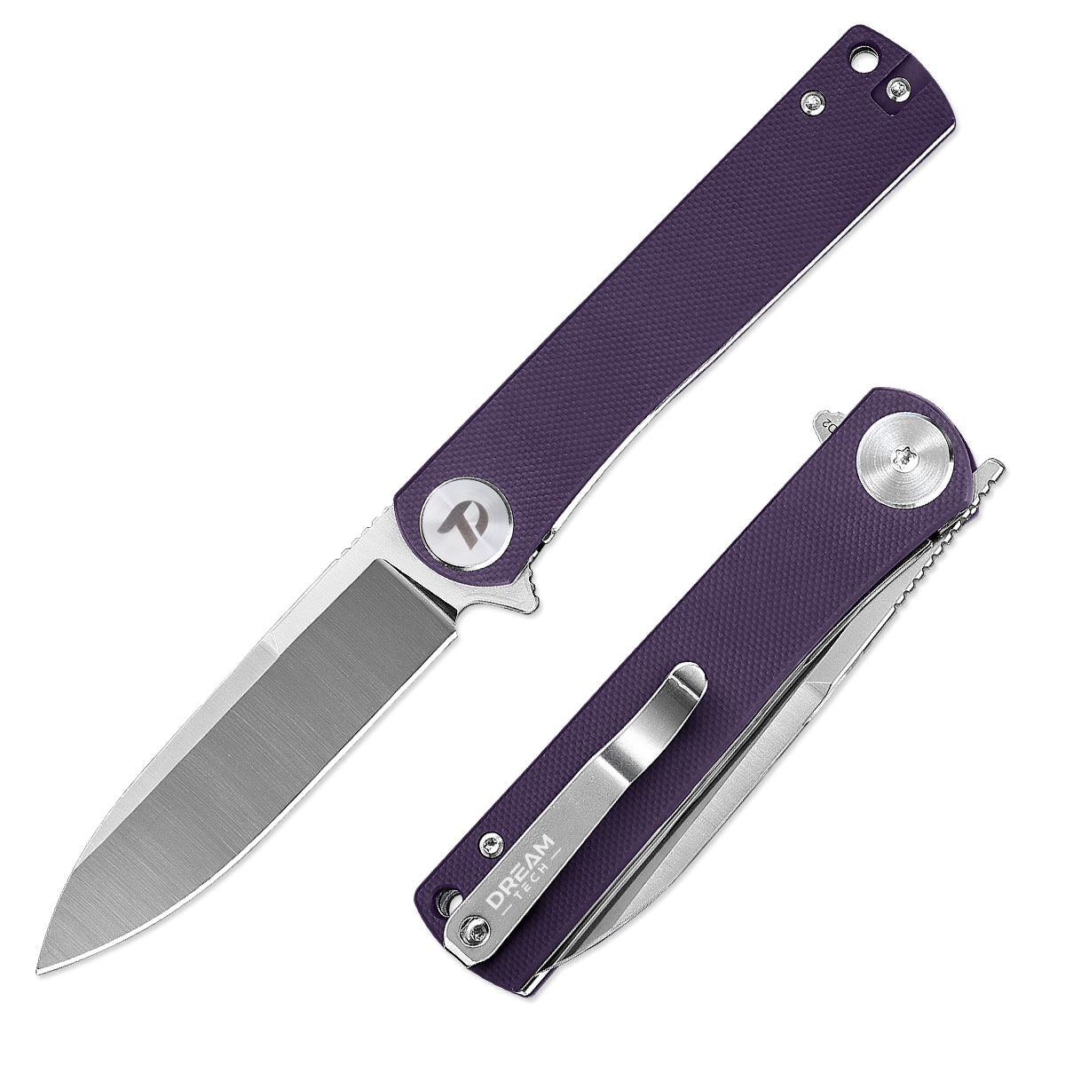 DreamTech D3896GP front view – 3.27" satin D2 drop point folding knife, purple G10 handle, liner lock