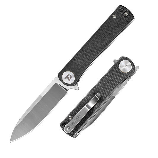 DreamTech D3896MB front view – 3.27″ satin D2 drop point folding knife with black Micarta handle and liner lock