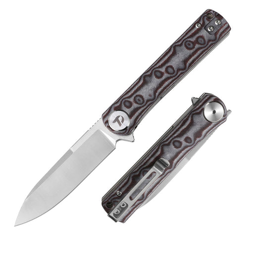 DreamTech D3896MG front view – 3.27″ satin D2 drop point folding knife with gray Micarta handle and liner lock