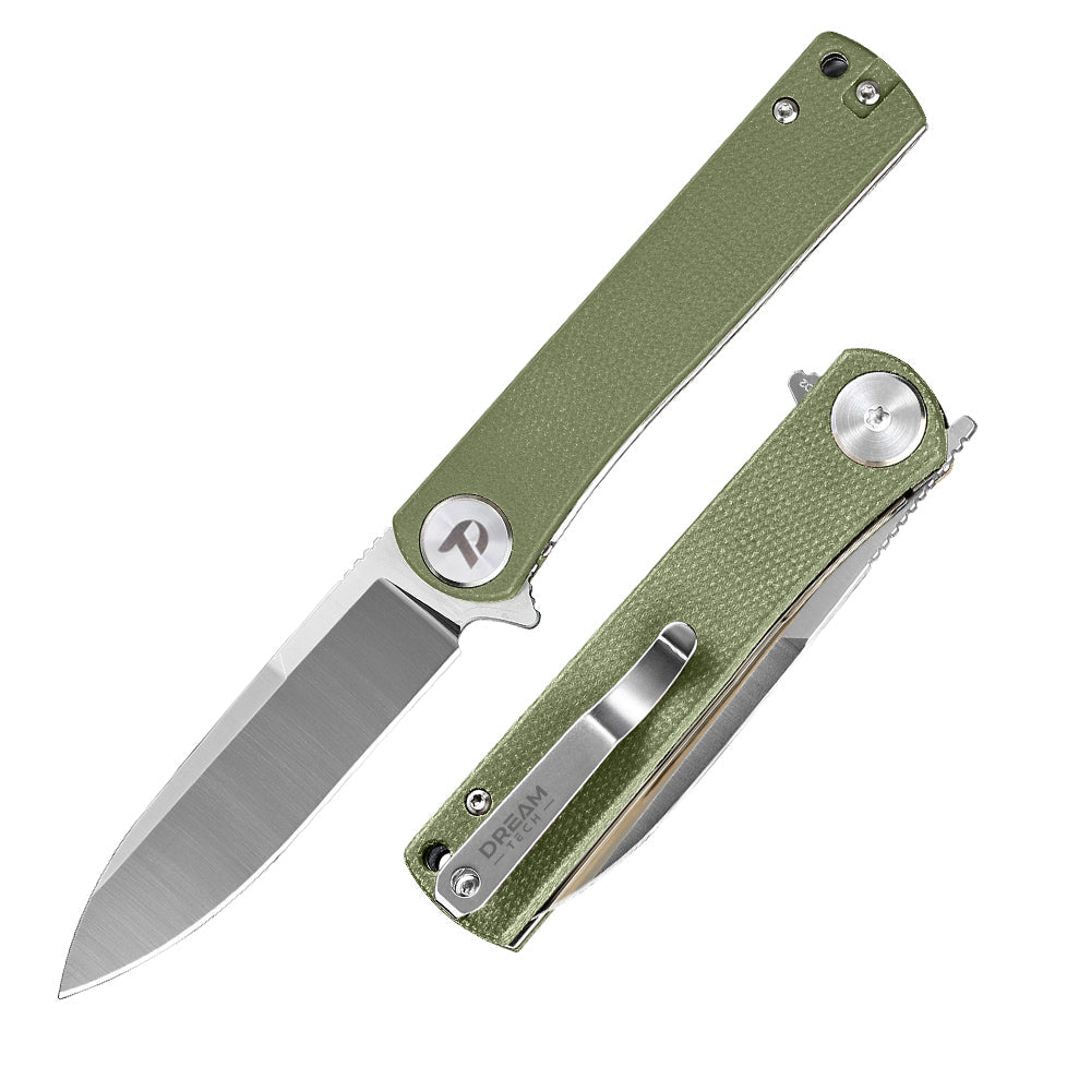 DreamTech D3896MGR front view – 3.27" satin D2 drop point folding knife, green micarta handle, liner lock