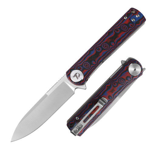 DreamTech D3896MR front view – 3.27″ satin D2 drop point folding knife with red Micarta handle and liner lock