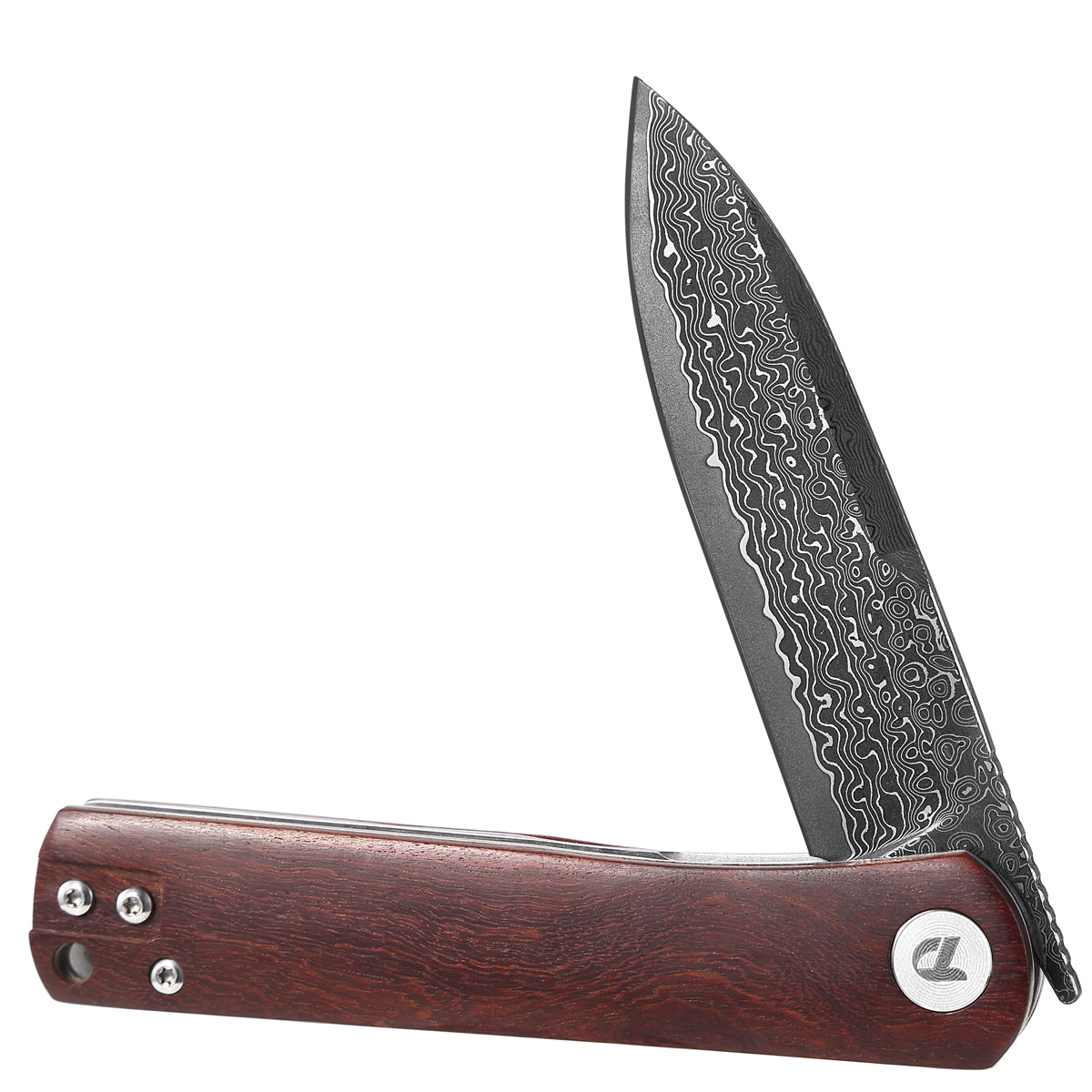 DreamTech D3896WD Damascus folding knife, additional view of the pattern-welded blade and wood scales