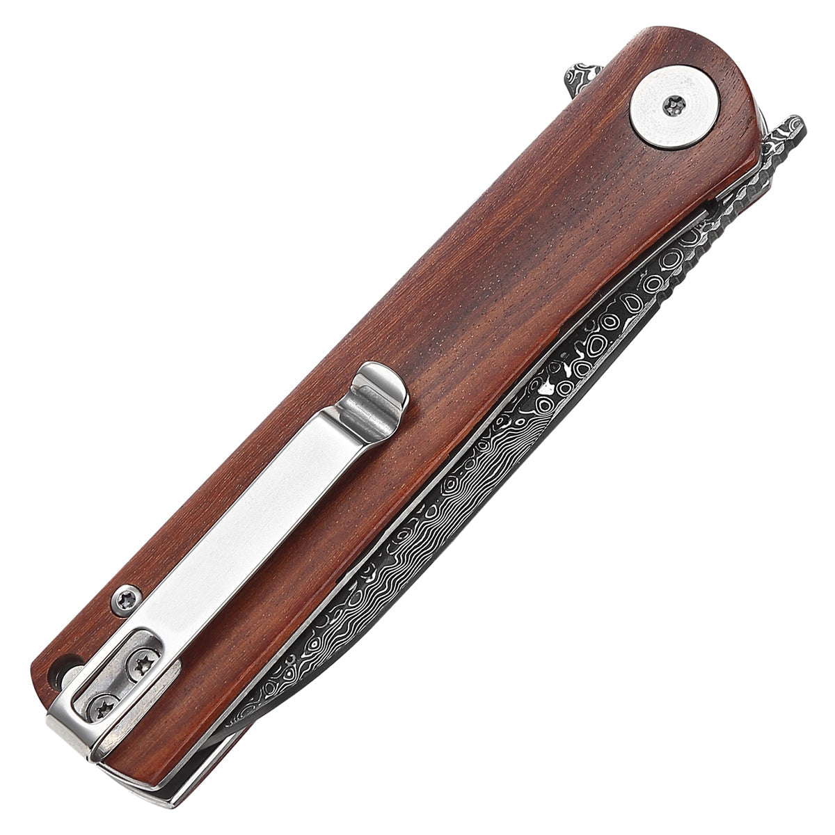 DreamTech D3896WD Damascus folding knife, detail view of the wood scales and Damascus pattern