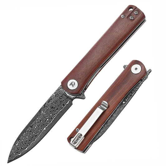 DreamTech D3896WD front view – 3.27″ Damascus drop point folding knife with wood handle and liner lock