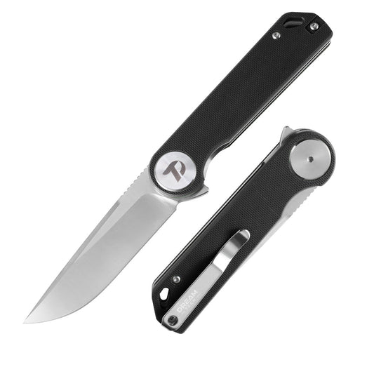 DreamTech D3897GB front view – 3.27″ satin D2 drop point folding knife with black G10 handle and liner lock