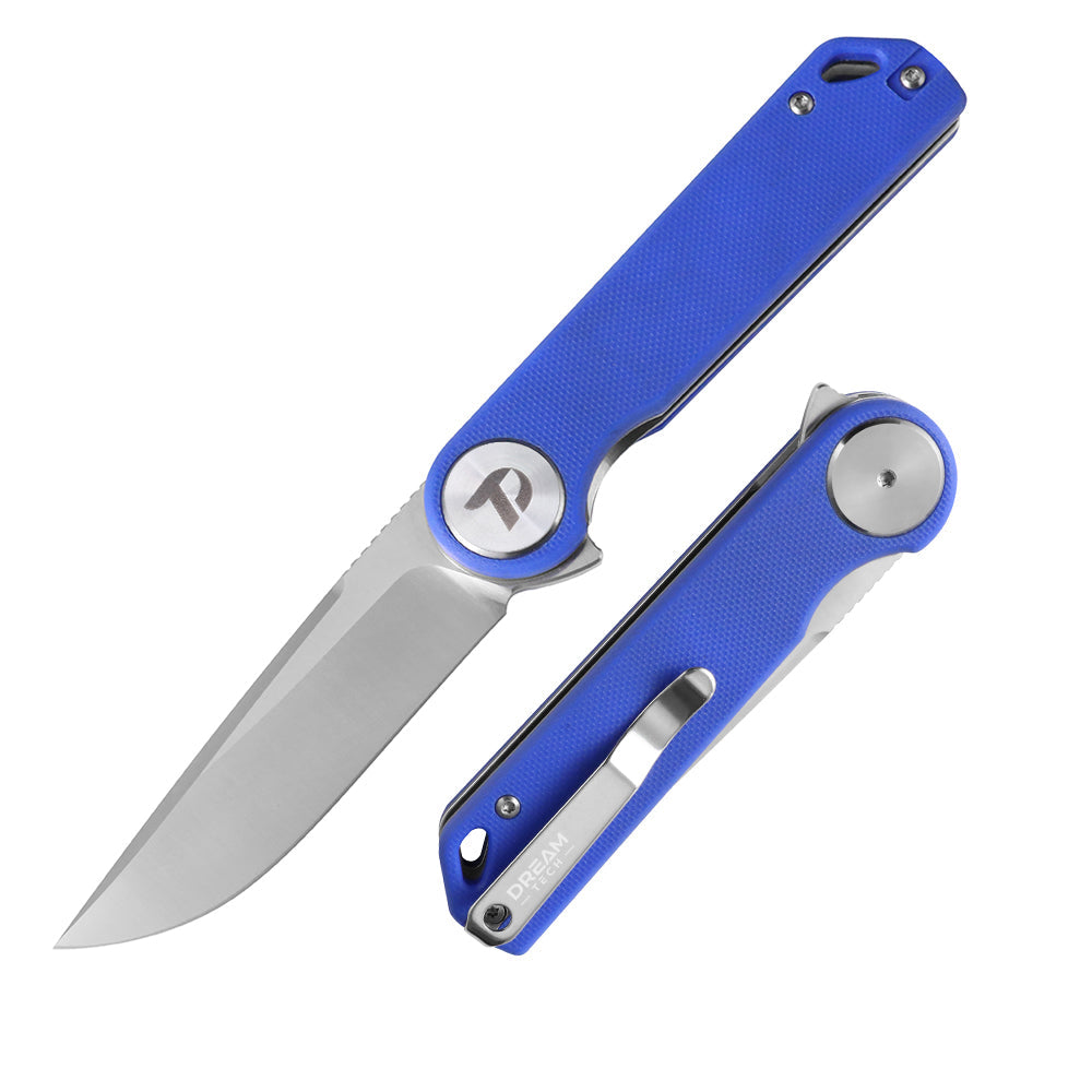DreamTech D3897GBL front view – 3.27" satin D2 drop point folding knife, blue G10 handle, liner lock