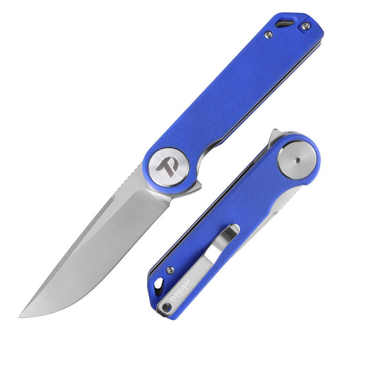 DreamTech D3897GBL front view – 3.27" satin D2 drop point folding knife, blue G10 handle, liner lock