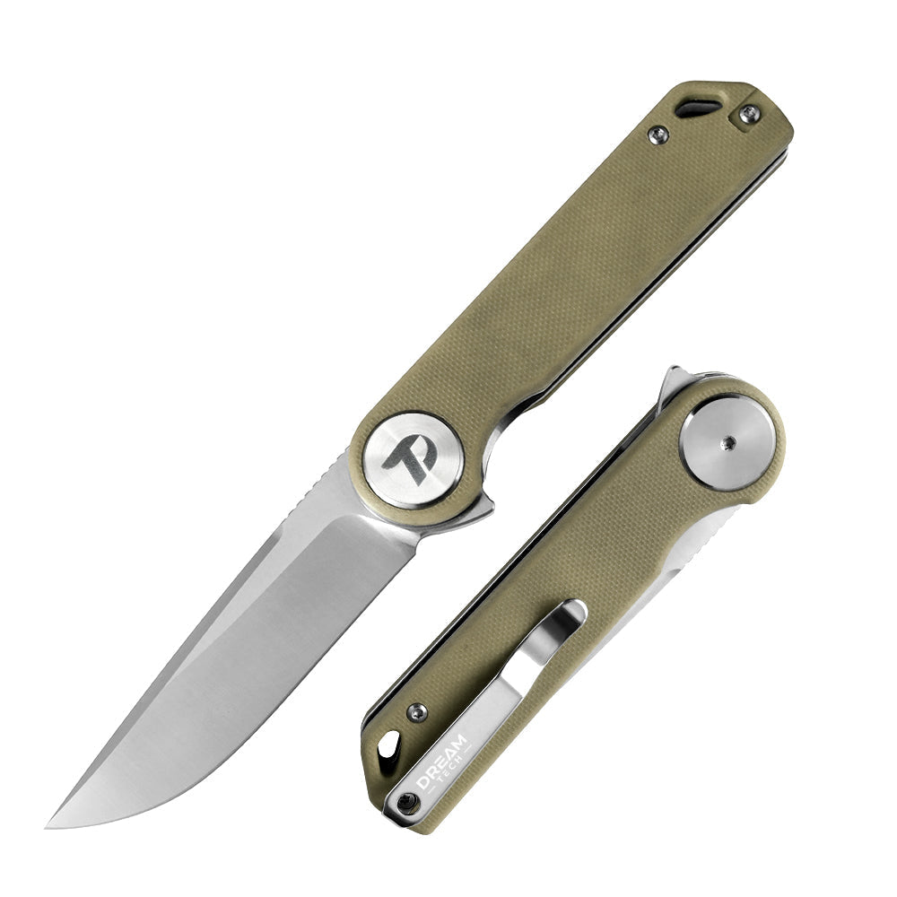 DreamTech D3897GD front view – 3.27" satin D2 drop point folding knife, OD green G10 handle, liner lock