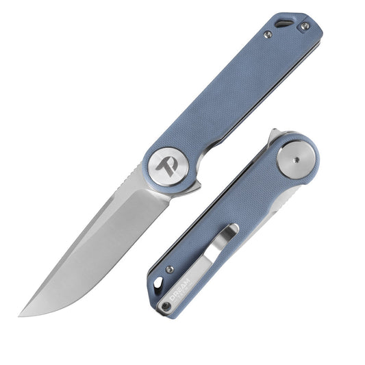 DreamTech D3897GDB front view – 3.27" satin D2 drop point folding knife, slate blue G10 handle, liner lock