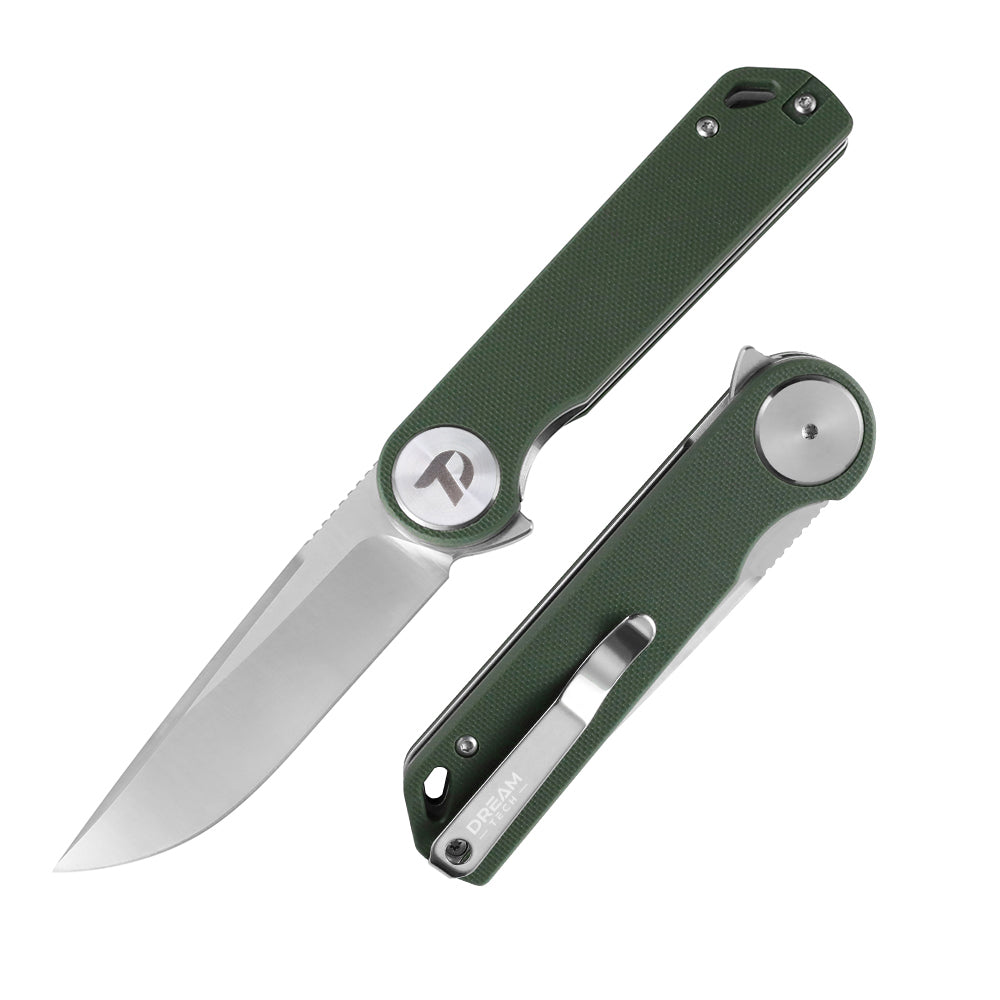 DreamTech D3897GGR front view – 3.27" satin D2 drop point folding knife, OD green G10 handle, liner lock