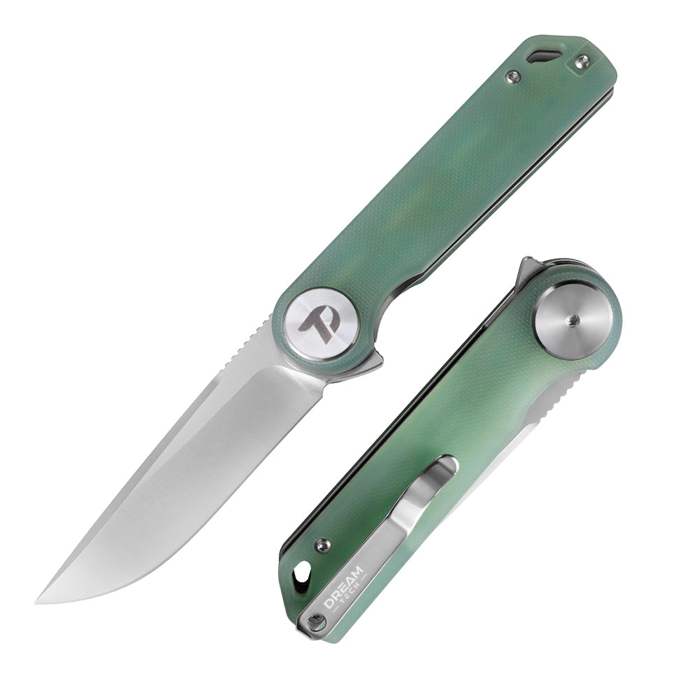 DreamTech D3897GJ front view – 3.27" satin D2 drop point folding knife, jade G10 handle, liner lock