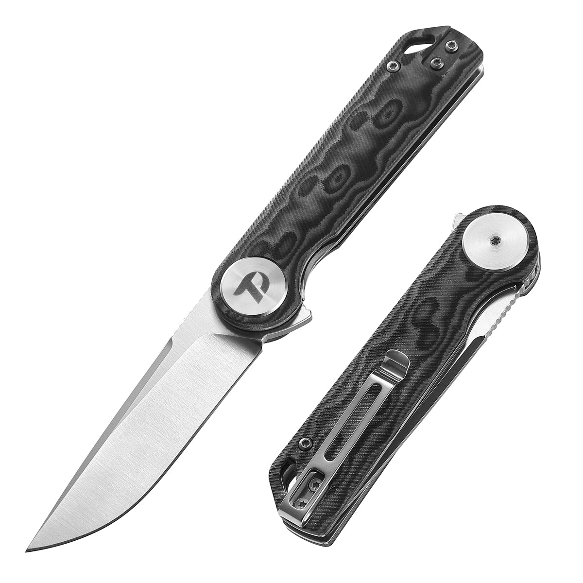 DreamTech D3897MG front view – 3.27" satin D2 drop point folding knife, black and gray micarta handle, liner lock