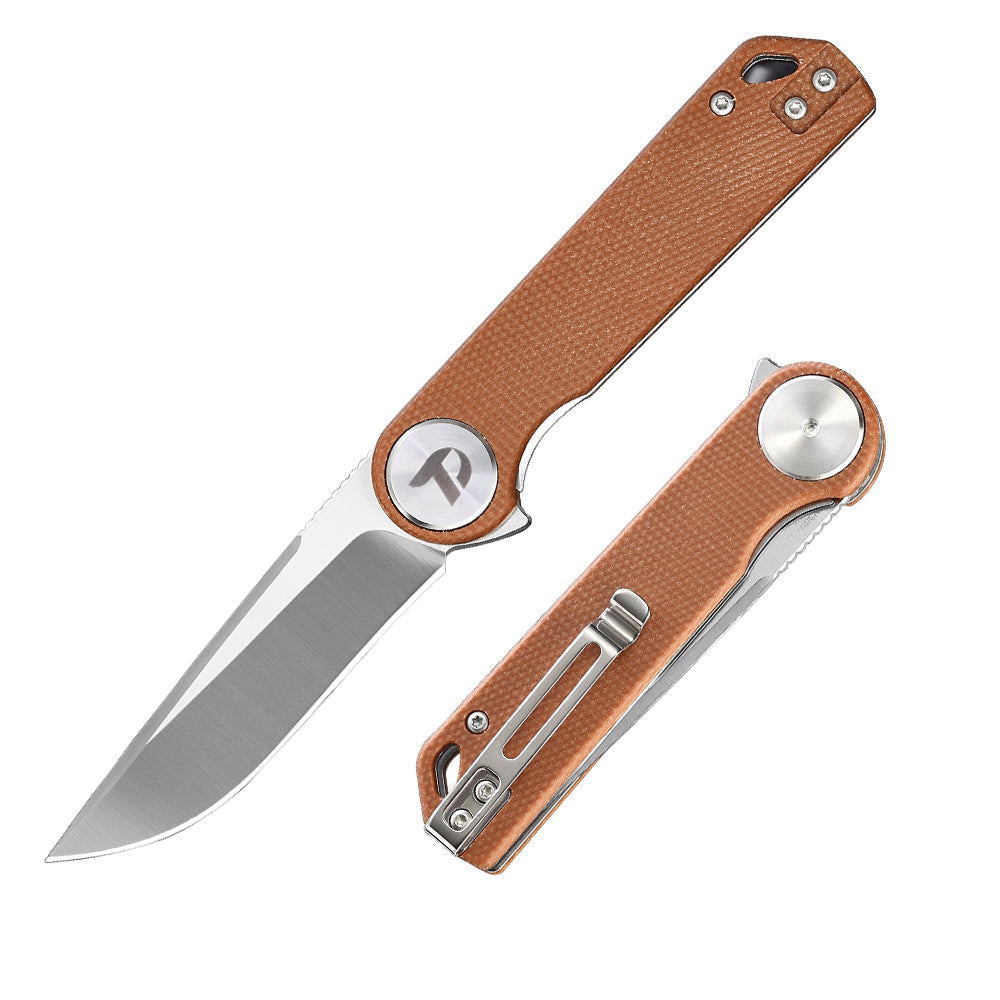 DreamTech D3897MO front view – 3.27" satin D2 drop point folding knife, brown micarta handle, liner lock