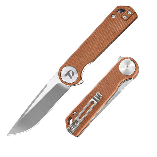 DreamTech D3897MO front view – 3.27" satin D2 drop point folding knife, brown micarta handle, liner lock