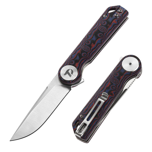 DreamTech D3897MR front view – 3.27″ satin D2 drop point folding knife with red Micarta handle and liner lock