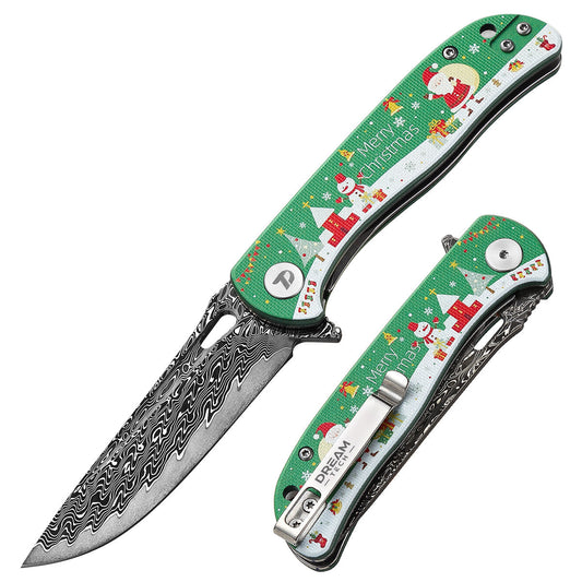 DreamTech D3898CD front view – 3.27" Damascus drop point folding knife, Merry Christmas printed G10 handle, liner lock