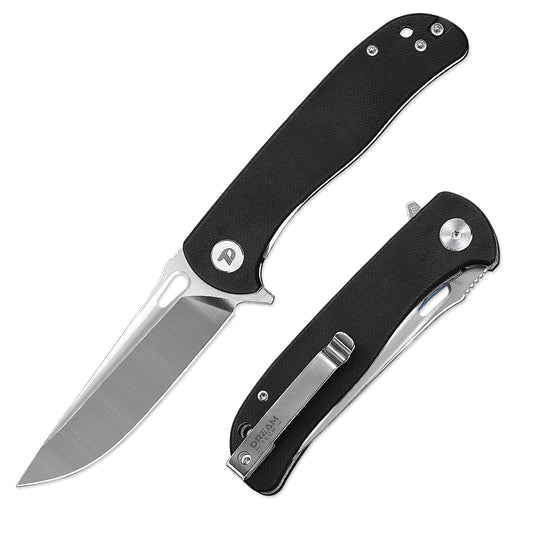 DreamTech D3898GB front view – 3.27″ satin D2 drop point folding knife with black G10 handle and liner lock