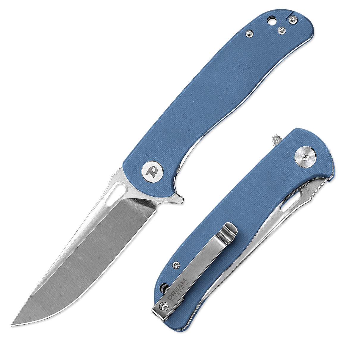 DreamTech D3898GBL front view – 3.27" satin D2 drop point folding knife, blue G10 handle, liner lock
