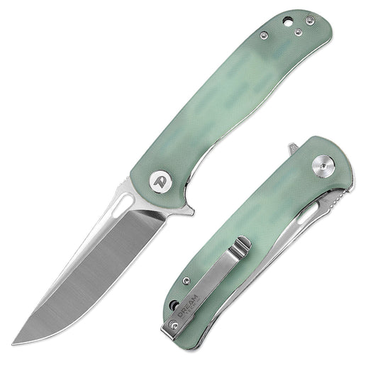 DreamTech D3898GJ front view – 3.27″ satin D2 drop point folding knife with jade green G10 handle and liner lock