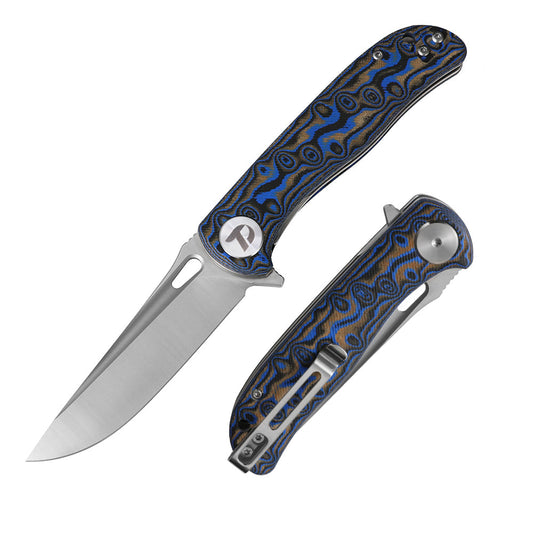 DreamTech D3898MBL front view – 3.27″ satin D2 drop point folding knife with blue Micarta handle and liner lock