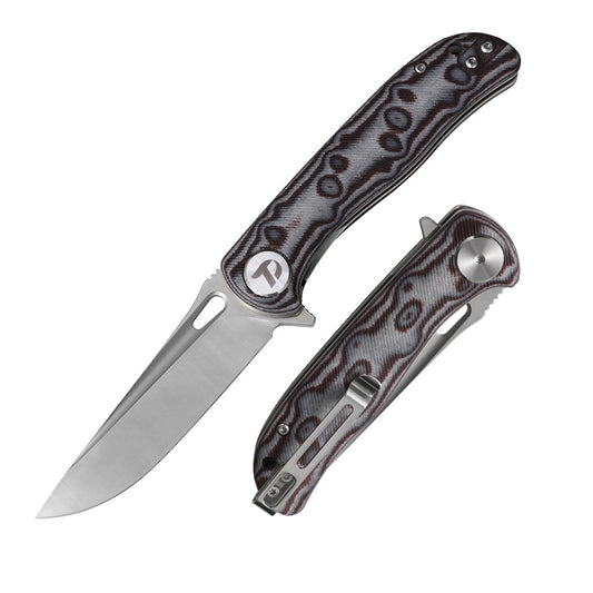 DreamTech D3898MG front view – 3.27″ satin D2 drop point folding knife with gray Micarta handle and liner lock