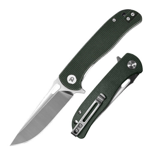 DreamTech D3898MGR front view – 3.27″ satin D2 drop point folding knife with green Micarta handle and liner lock