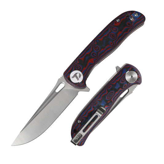 DreamTech D3898MR front view – 3.27″ satin D2 drop point folding knife with red Micarta handle and liner lock